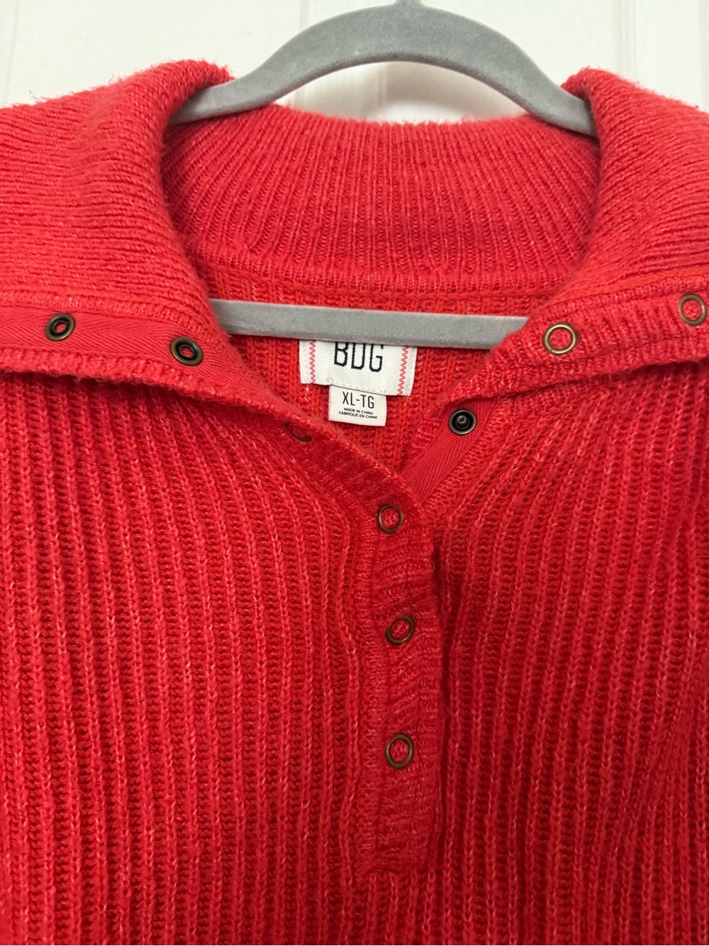 BDG Red Ribbed Snap-Button Cropped Sweater - Picture 2 of 3